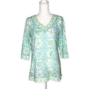 Gretchen Scott Green Blue White Seashell Print Tunic Blouse Top XS